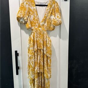 Charles Henry Yellow, Beige and Creamy White Maxi Ruffled Dress